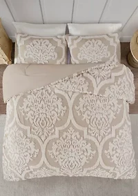 Viola 3 Piece Tufted Cotton Chenille Damask Comforter Set