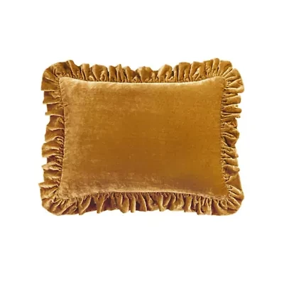 Stella Faux Silk Velvet Ruffled Oblong Pillow, 16" x 21", Saffron, 1PC