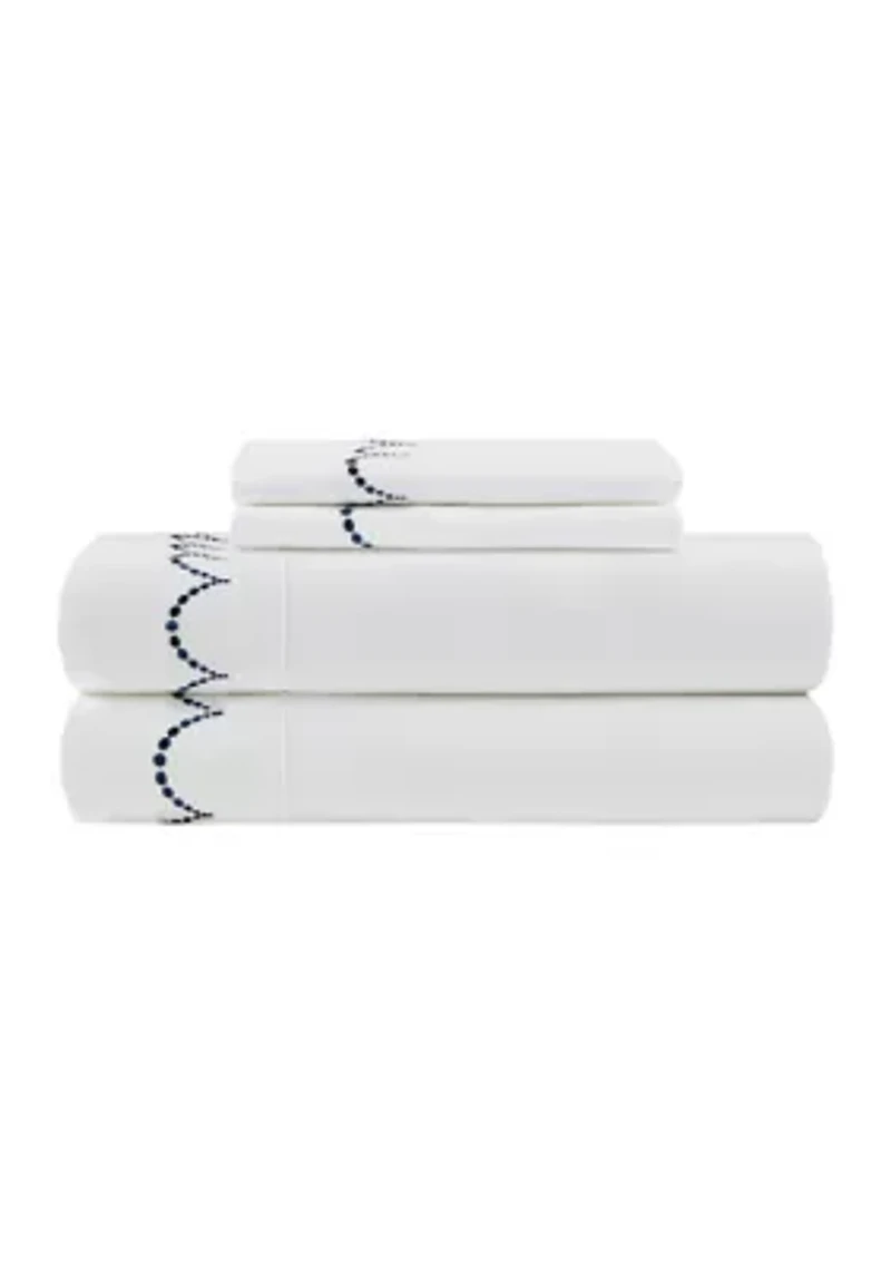 Embroidered Navy Scallop Sheet Set