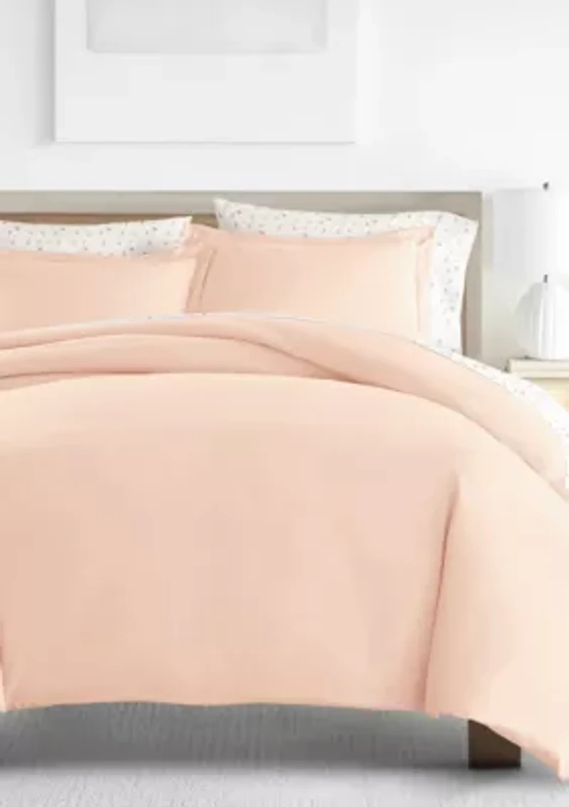 Bedding Bundle, Solid Duvet Cover Set, White Comforter and Patterned Sheet Set