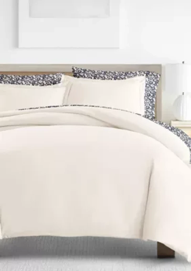 Bedding Bundle, Solid Duvet Cover Set, White Comforter and Patterned Sheet Set