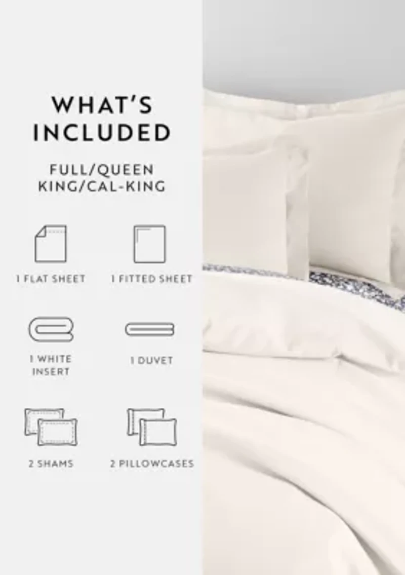 Bedding Bundle, Solid Duvet Cover Set, White Comforter and Patterned Sheet Set