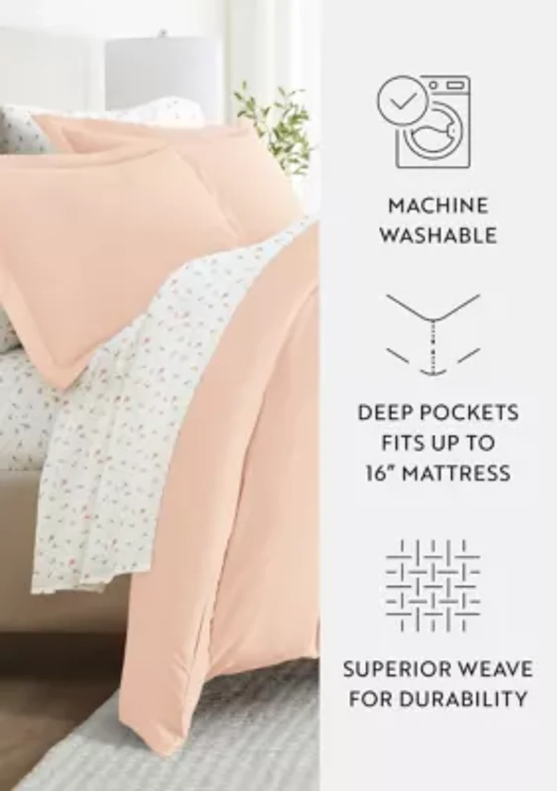 Bedding Bundle, Solid Duvet Cover Set, White Comforter and Patterned Sheet Set