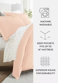 Bedding Bundle, Solid Duvet Cover Set, White Comforter and Patterned Sheet Set