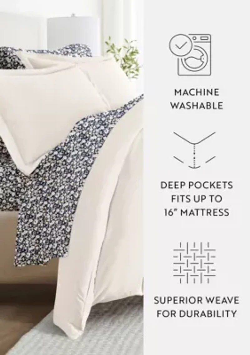 Bedding Bundle, Solid Duvet Cover Set, White Comforter and Patterned Sheet Set