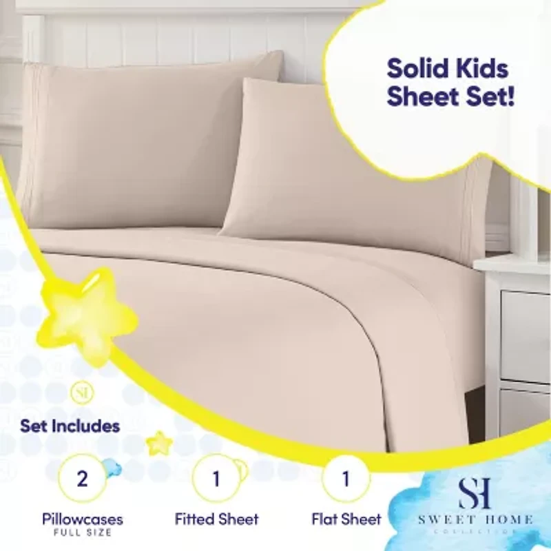 Sweet Home Collection Kids Solid 4 Piece Sheet Set, Ultra Soft 1800 Series, Double Brushed Microfiber