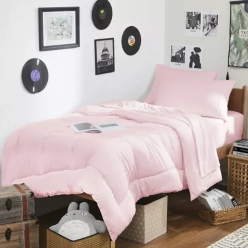 7PC Campus Ready Dorm Twin XL Bedding Bundle, Solid Comforter, Pillows and Sheet Set