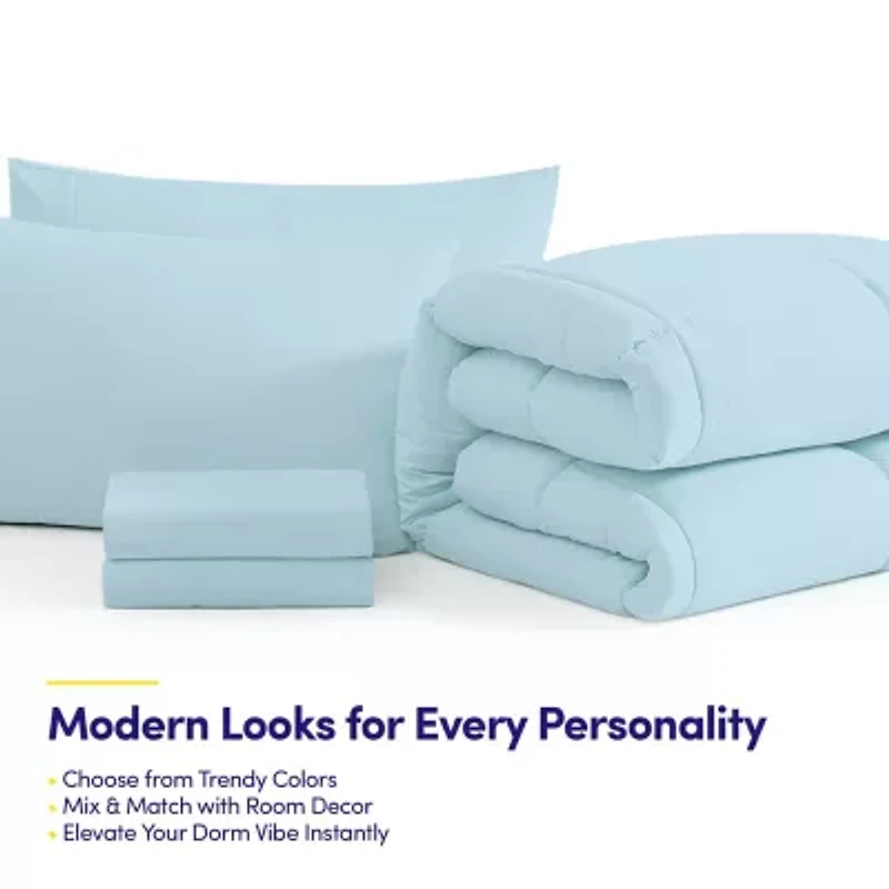 7PC Campus Ready Dorm Twin XL Bedding Bundle, Solid Comforter, Pillows and Sheet Set