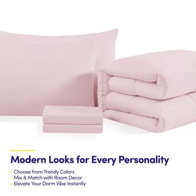 7PC Campus Ready Dorm Twin XL Bedding Bundle, Solid Comforter, Pillows and Sheet Set