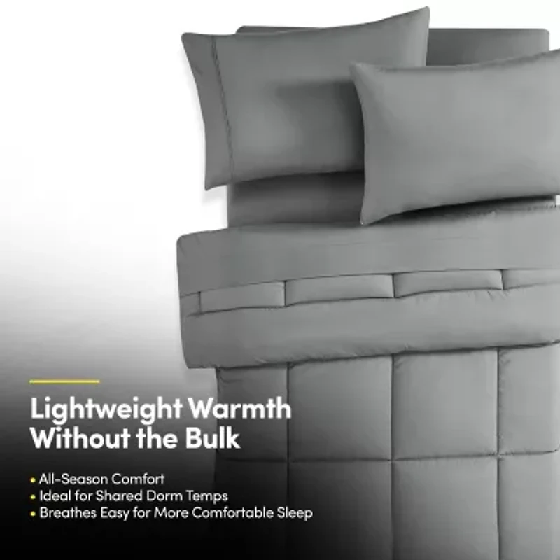 7PC Campus Ready Dorm Twin XL Bedding Bundle, Solid Comforter, Pillows and Sheet Set