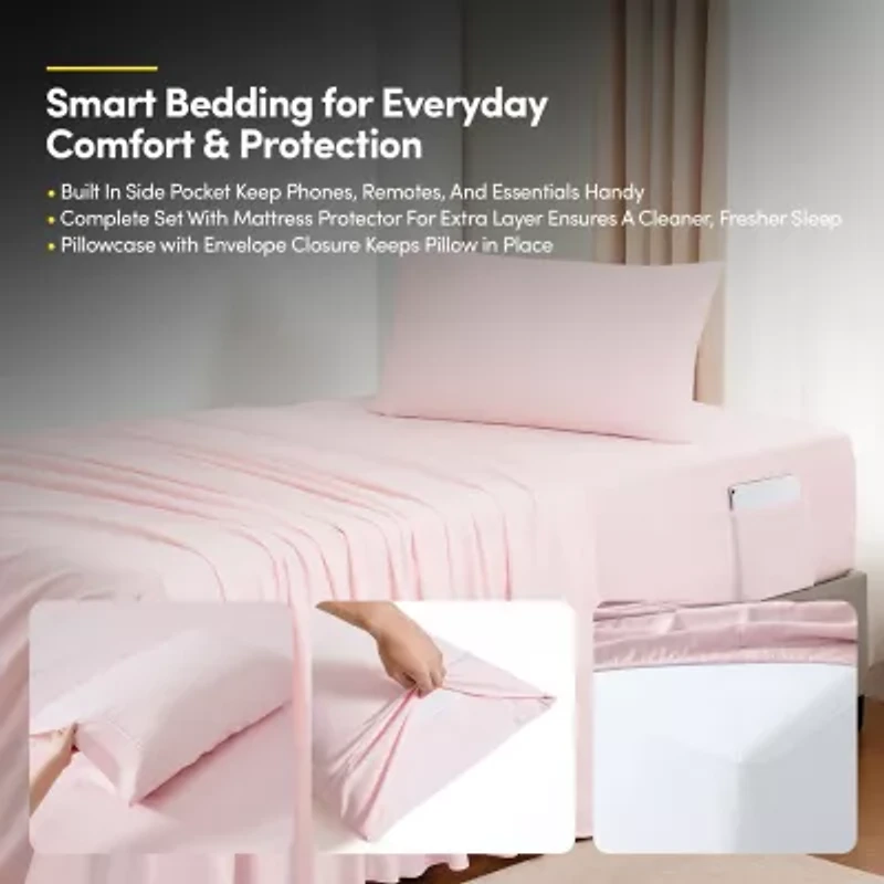 8 Piece Quilted Solid Stripe Comforter, Sheet Set and Mattress Protector Bedding Bundle