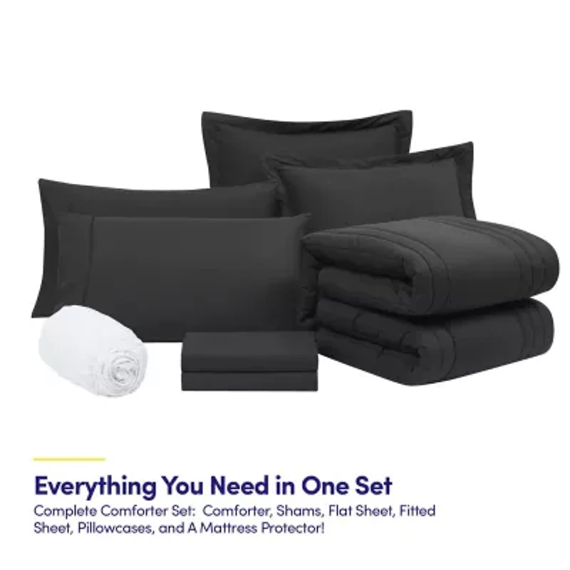 8 Piece Quilted Solid Stripe Comforter, Sheet Set and Mattress Protector Bedding Bundle