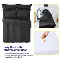 8 Piece Quilted Solid Stripe Comforter, Sheet Set and Mattress Protector Bedding Bundle