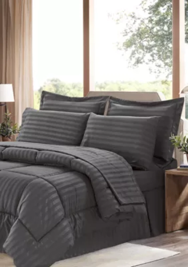 8 Piece Bed A Bag Hotel Dobby Embossed Comforter Sheet Skirt Sham Set