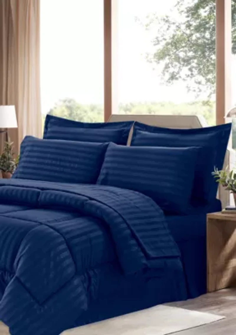 8 Piece Bed A Bag Hotel Dobby Embossed Comforter Sheet Skirt Sham Set