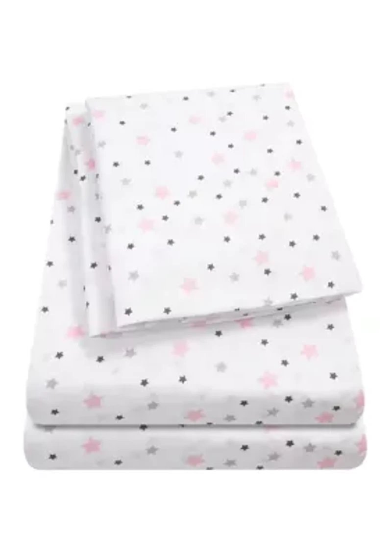 Stars Kids Sheet Set White With Pink, Gray, Black