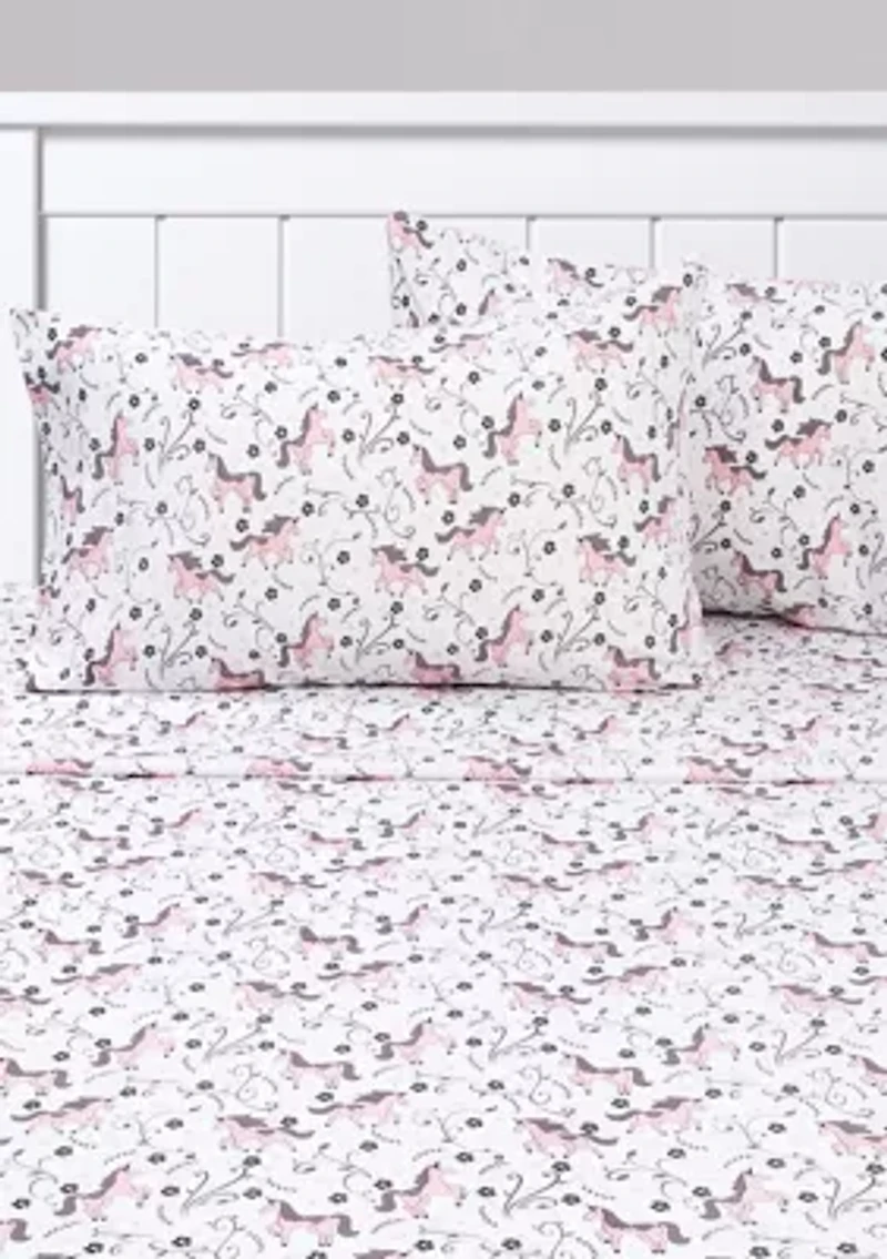 Prancing Unicorns & Stars White Pink Kids Sheet Set