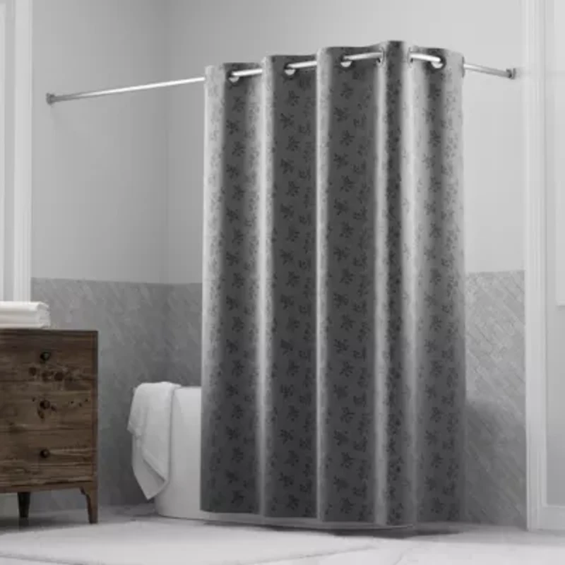 Hookless Jacquard Shower Curtain with Flex-on Rings and It's a Snap! Fabric Liner with Magnets, 71 In Wide x 74 In Long, Botanical Leaves Print, Gray