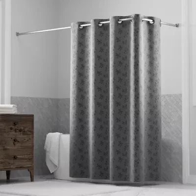 Hookless Jacquard Shower Curtain with Flex-on Rings and It's a Snap! Fabric Liner with Magnets, 71 In Wide x 74 In Long, Botanical Leaves Print, Gray