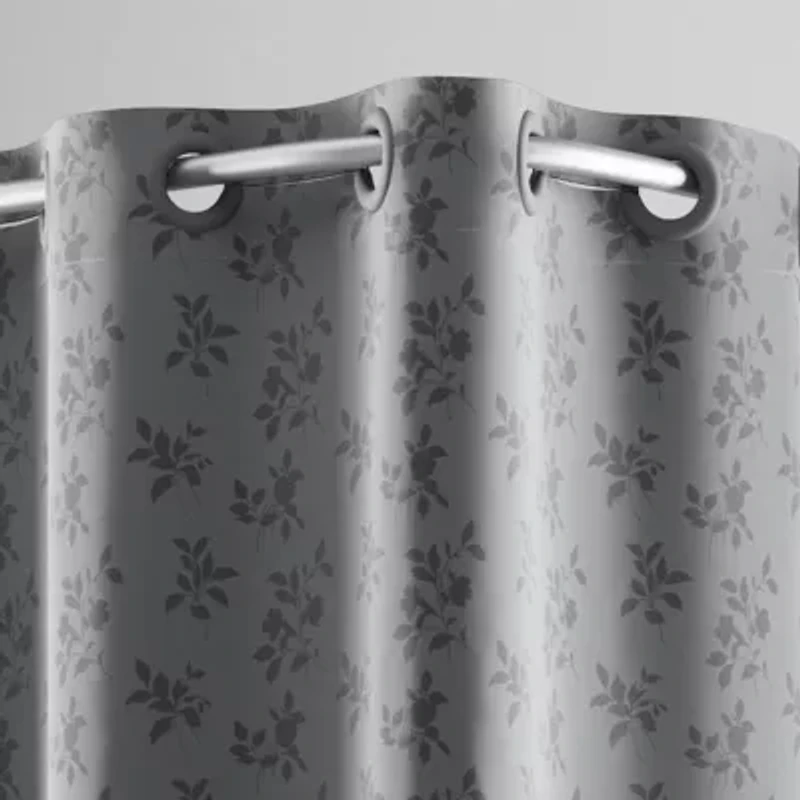 Hookless Jacquard Shower Curtain with Flex-on Rings and It's a Snap! Fabric Liner with Magnets, 71 In Wide x 74 In Long, Botanical Leaves Print, Gray