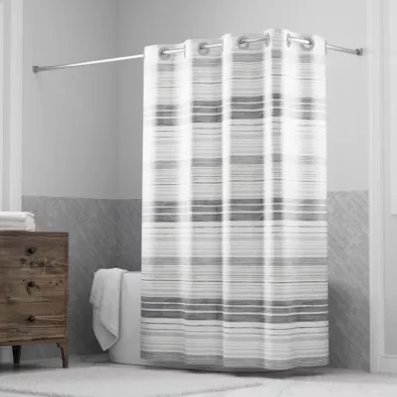 Hookless Faux Silk Shower Curtain with Flex-on Rings and It's a Snap! Fabric Liner with Magnets, 71 In Wide x 74 In Long, Stripe Print, Gray