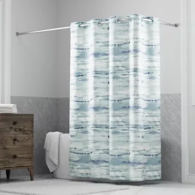 Hookless Faux Silk Shower Curtain with Flex-on Rings and It's a Snap! Fabric Liner with Magnets, 71 In Wide x 74 In Long, Watercolor Stripe Print, Blue