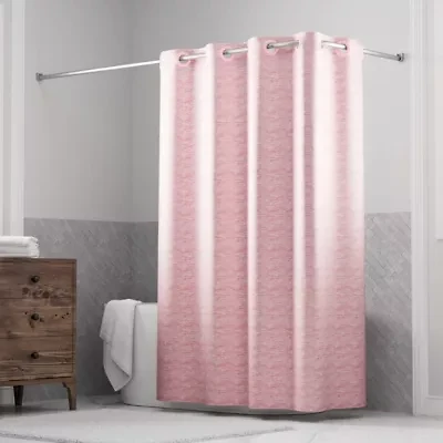 Hookless Faux Silk Shower Curtain with Flex-on Rings and It's a Snap! Fabric Liner with Magnets, 71 In Wide x 74 In Long, Heathered Texture, Pink