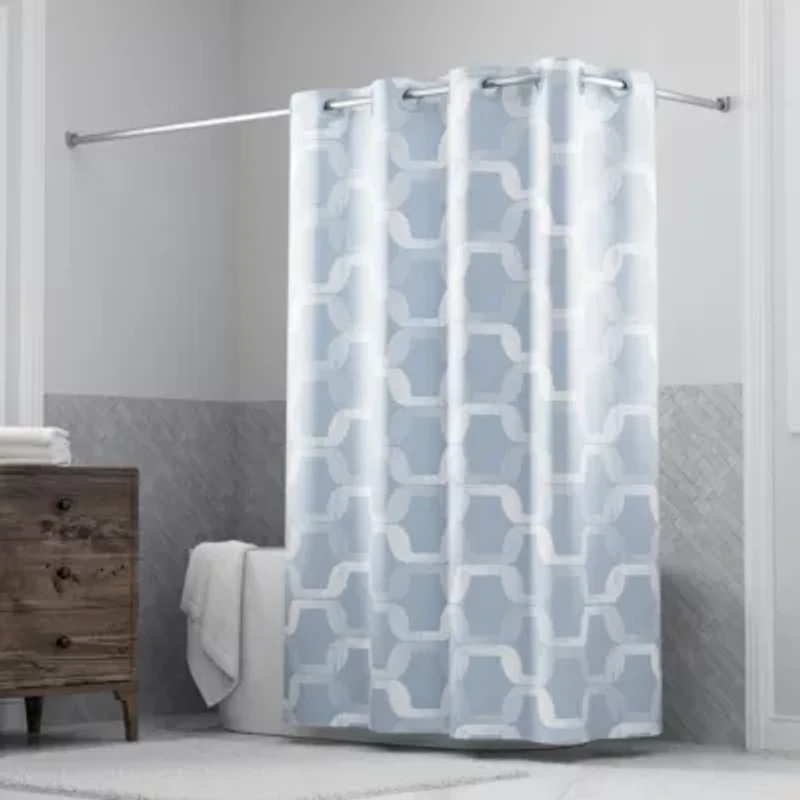 Hookless Faux Silk Shower Curtain with Flex-on Rings and It's a Snap! Fabric Liner with Magnets, 71 In Wide x 74 In Long, Geo Ombre Print, Blue
