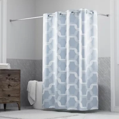 Hookless Faux Silk Shower Curtain with Flex-on Rings and It's a Snap! Fabric Liner with Magnets, 71 In Wide x 74 In Long, Geo Ombre Print, Blue