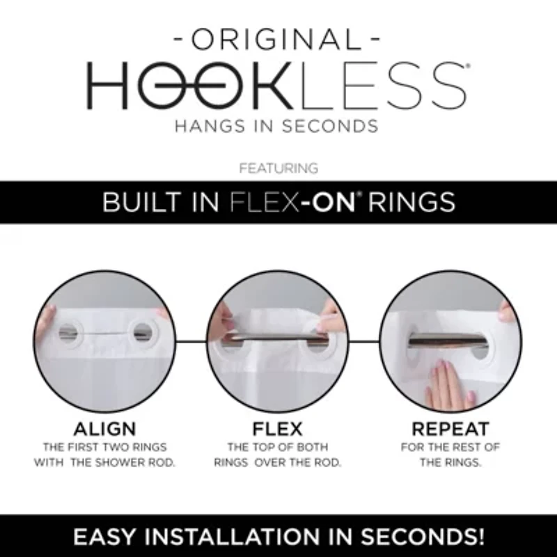 Hookless Waffle Shower Curtain, 3-in-1 Shower Curtain with Sheer Top Window and Flex-on Rings, It's a Snap! Fabric Liner with Magnets, 71 In Wide x 74 In Long