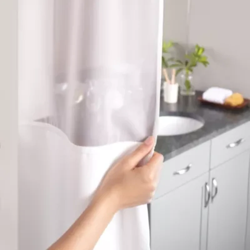 Hookless Waffle Shower Curtain, 3-in-1 Shower Curtain with Sheer Top Window and Flex-on Rings, It's a Snap! Fabric Liner with Magnets, 71 In Wide x 74 In Long