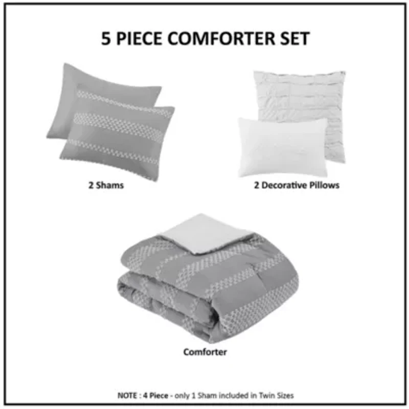 Drew 5 Piece Clipped Jacquard Comforter Set with Throw Pillows