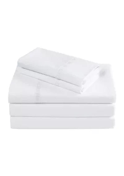 TENCEL™ Lyocell  and Cotton Blend White Cal King Sheet Set with Taupe Embroidery