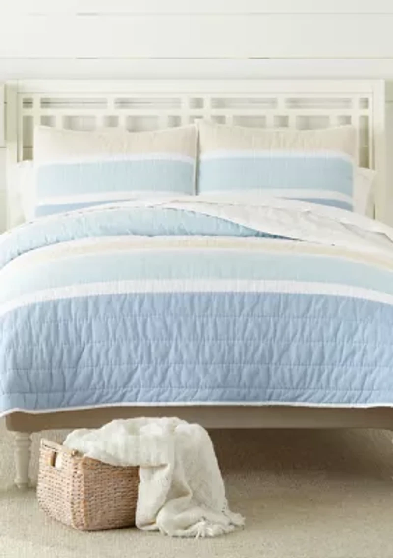 Blue Stripe Queen Quilt Set with Shams