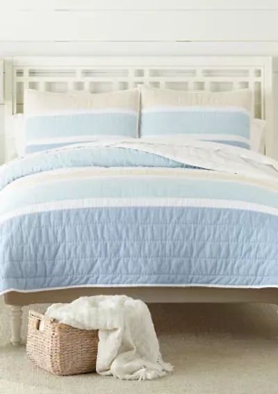 Blue Stripe Queen Quilt Set with Shams