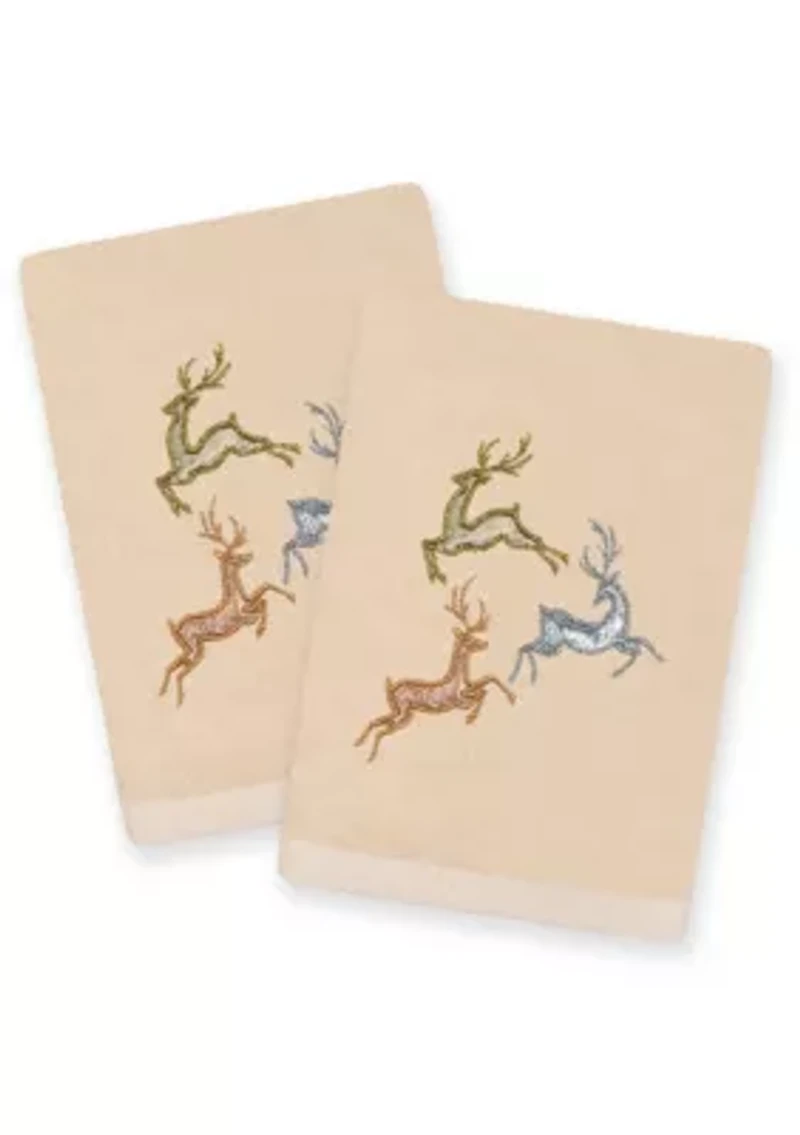 Christmas LEAPING DEER Embroidered Hand Towels (Set of 2)