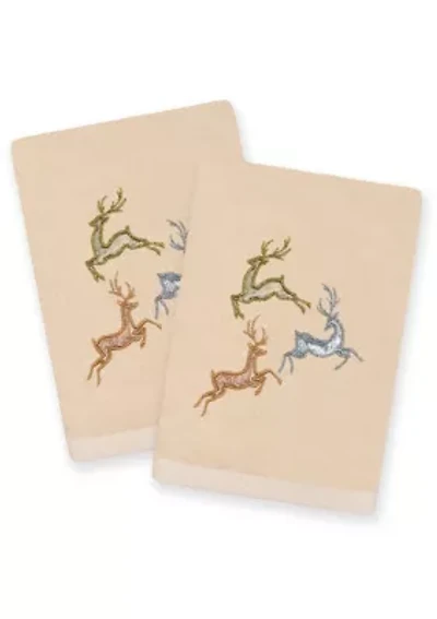 Christmas LEAPING DEER Embroidered Hand Towels (Set of 2)