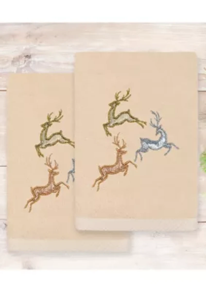 Christmas LEAPING DEER Embroidered Hand Towels (Set of 2)