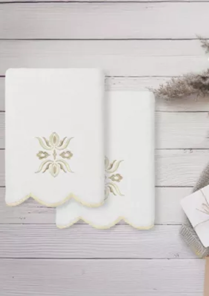 Flower Crest Scallop 2PC Embellished Hand Towel Set