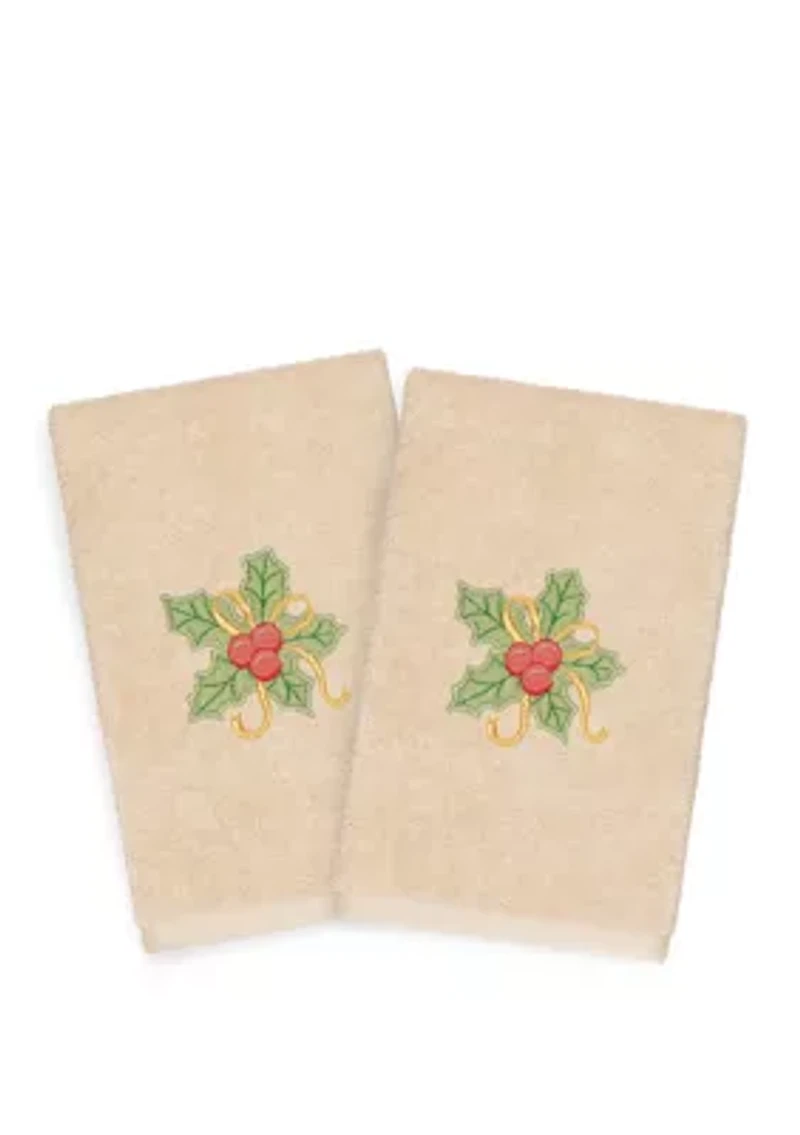 Christmas Holly Bunch Embroidered Luxury Turkish Cotton Hand Towel Set of 2