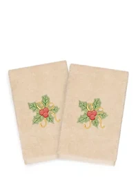 Christmas Holly Bunch Embroidered Luxury Turkish Cotton Hand Towel Set of 2