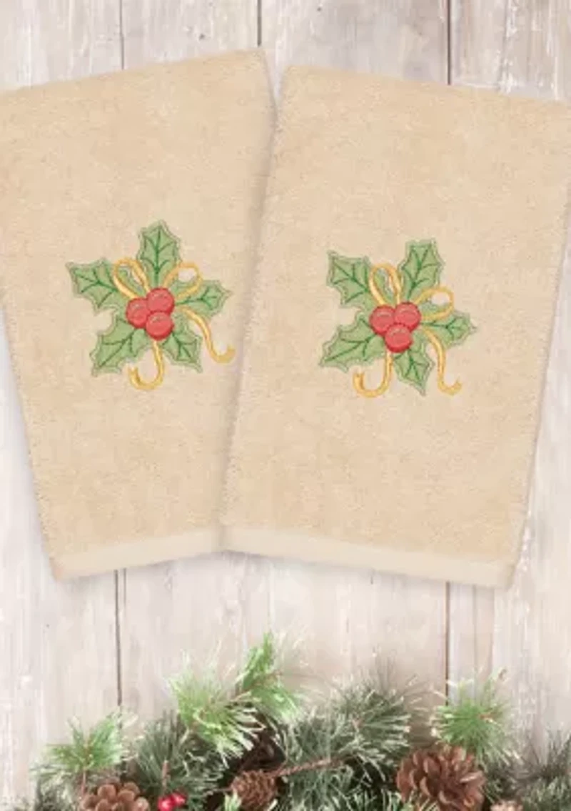 Christmas Holly Bunch Embroidered Luxury Turkish Cotton Hand Towel Set of 2