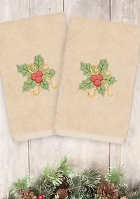 Christmas Holly Bunch Embroidered Luxury Turkish Cotton Hand Towel Set of 2