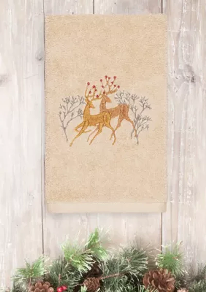 Christmas Deer Pair Embroidered Luxury Turkish Cotton Hand Towel Set of 2