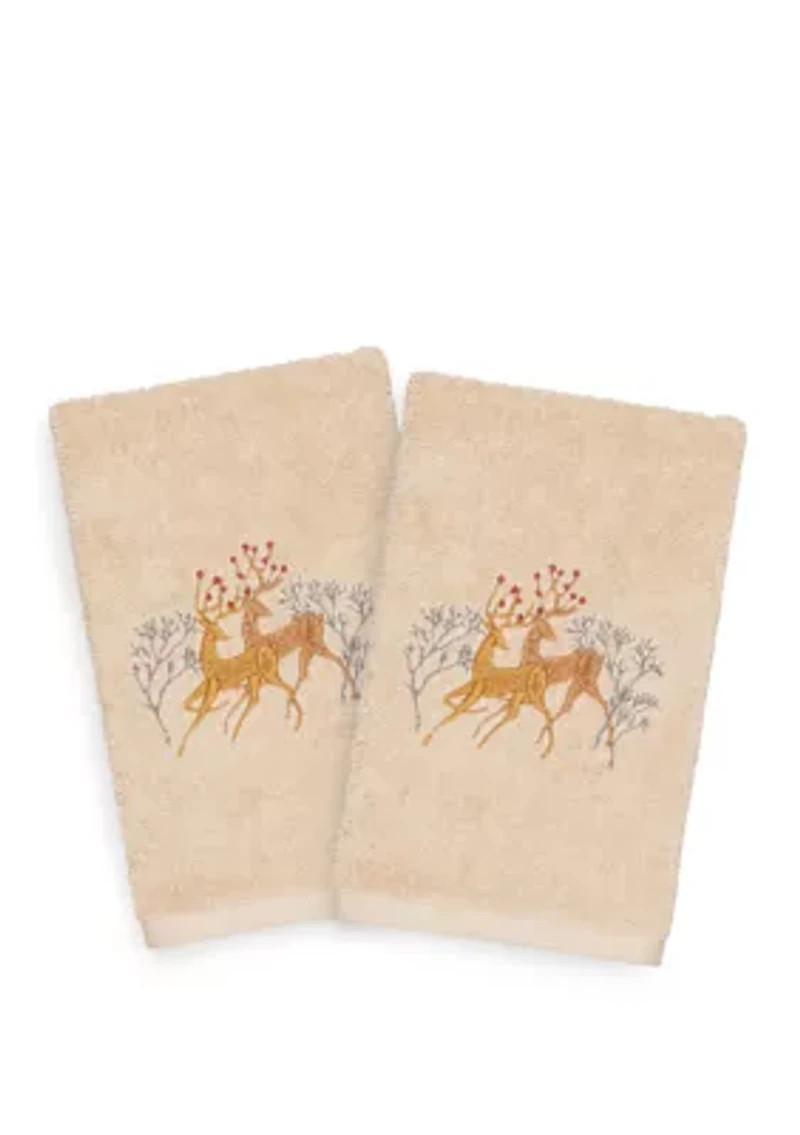 Christmas Deer Pair Embroidered Luxury Turkish Cotton Hand Towel Set of 2