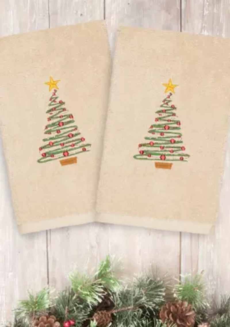Christmas Tree Embroidered Luxury Turkish Cotton Hand Towel Set of 2