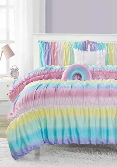 Rainbow Rouched Comforter Set with 2 Decorative Pillows