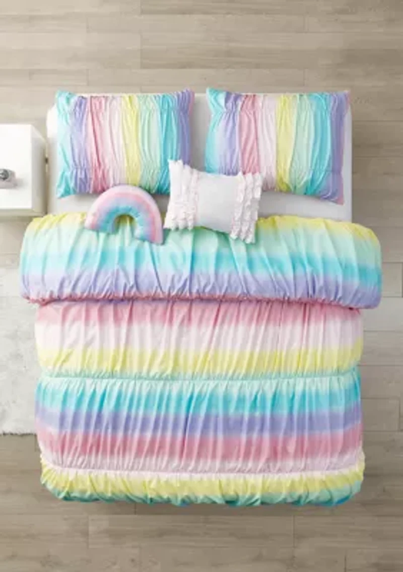 Rainbow Rouched Comforter Set with 2 Decorative Pillows