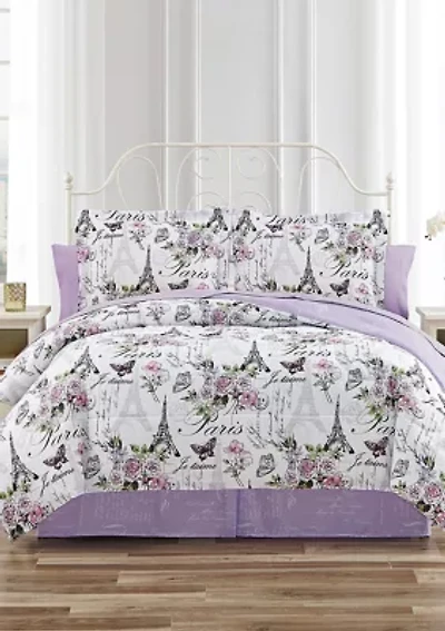 Paris Floral Lilac Ultra Soft Microfiber Reversible Comforter Set
