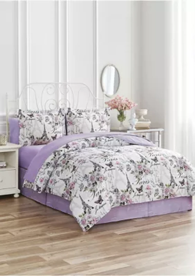 Paris Floral Lilac Ultra Soft Microfiber Reversible Comforter Set